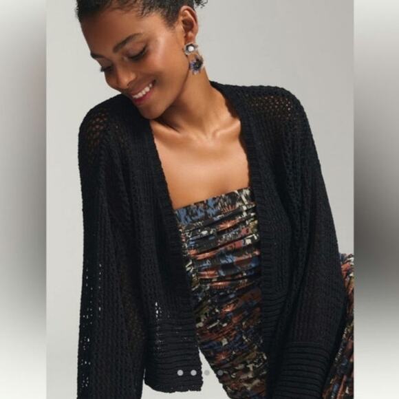 NWT By Anthropologie Julliet Cropped Open Knit Cardigan Sweater Black One Size - Picture 4 of 16